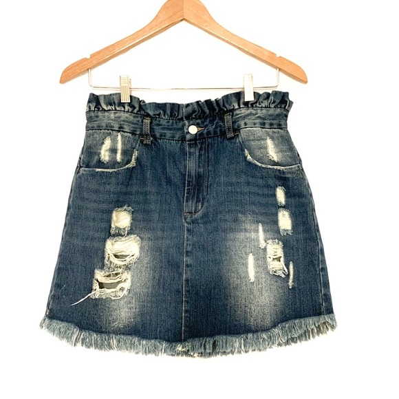 Hayden Paperbag Waist Distressed Blue Denim Mini Skirt/Size Large - Picture 4 of 11